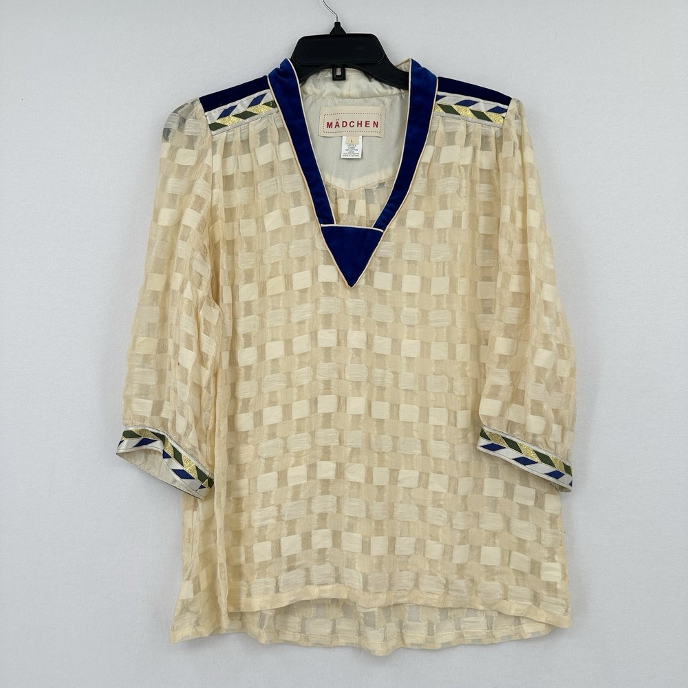 Anthropoligie Madchen 100% Silk Checkered Blouse Ivory Textured Large Indie Boho